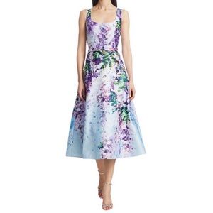 MARCHESA NOTTE Floral Wisteria Print Tea Length Dress NEW Size 6 Light Blue